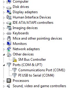 Device Manager showing serial ports