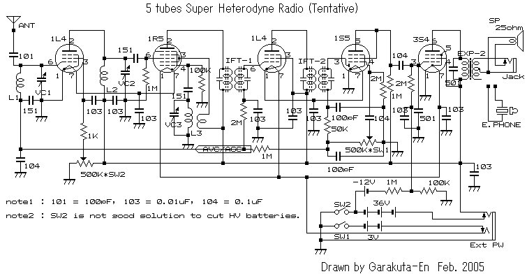 電池管5球スーパの回路図