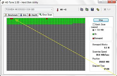 図1:試用中の“欠陥セクタ”だらけの320GB SATA-HDD <click>→図2:更に不良が増加!