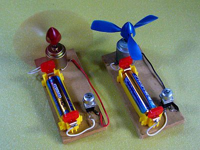 図1:子供達の半田付け作業は途中までで中断 <click>→図2:2/3個が不良品だったジャンク品・モーター